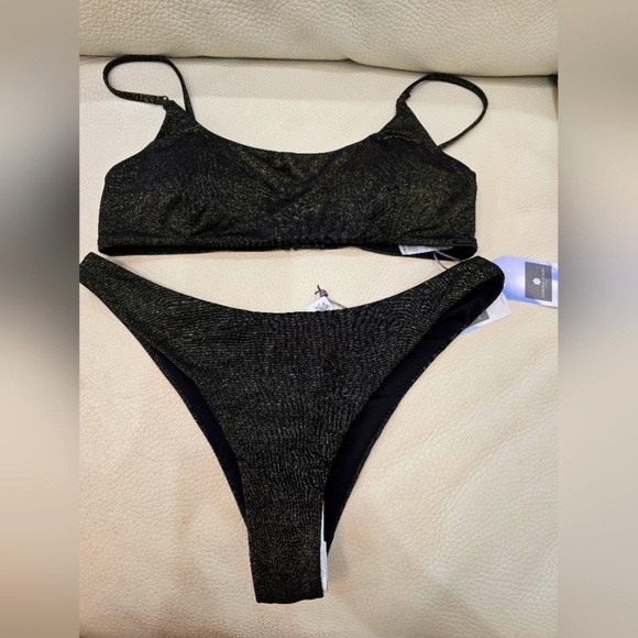 EVERYDAY SUNDAY Black Gold Shimmer Bikini Set Size 10 L - Picture 1 of 7